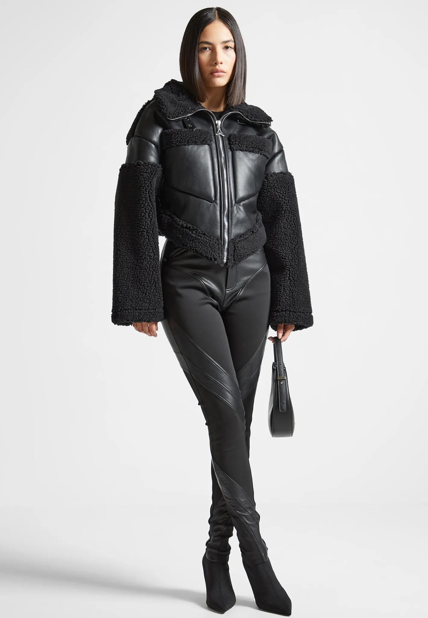 Angular Hem Vegan Leather Borg Biker Jacket -^Manière De Voir New
