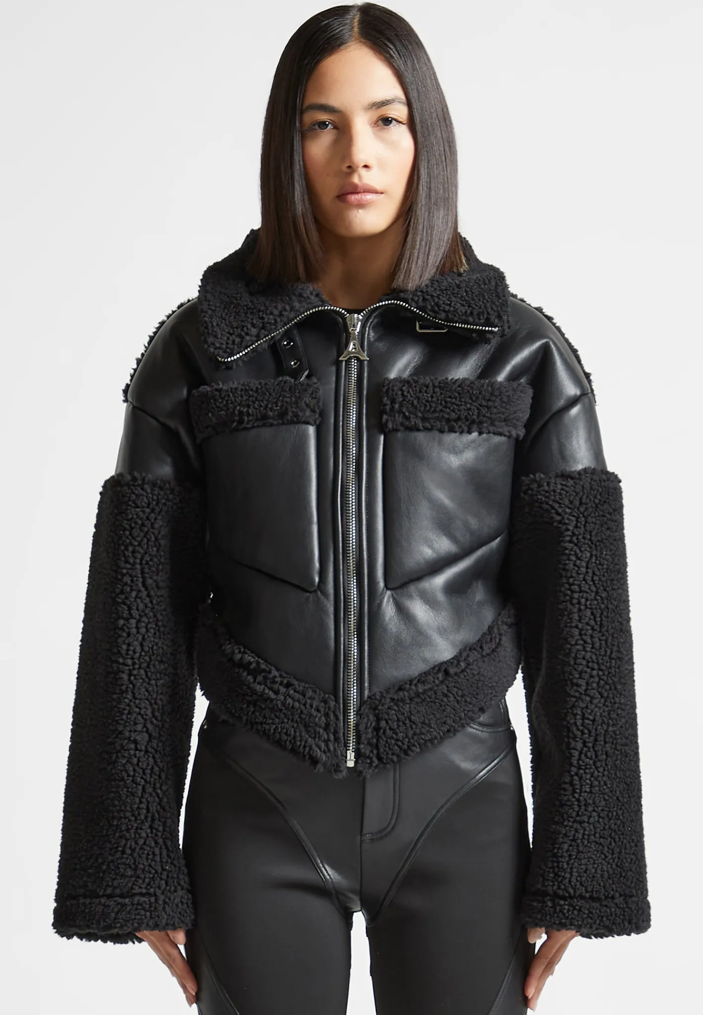 Angular Hem Vegan Leather Borg Biker Jacket -^Manière De Voir New