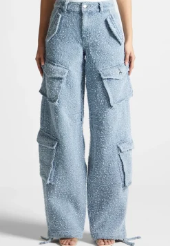 High Waisted Boucle Denim Cargo Pants - Mid Blue^Manière De Voir Fashion