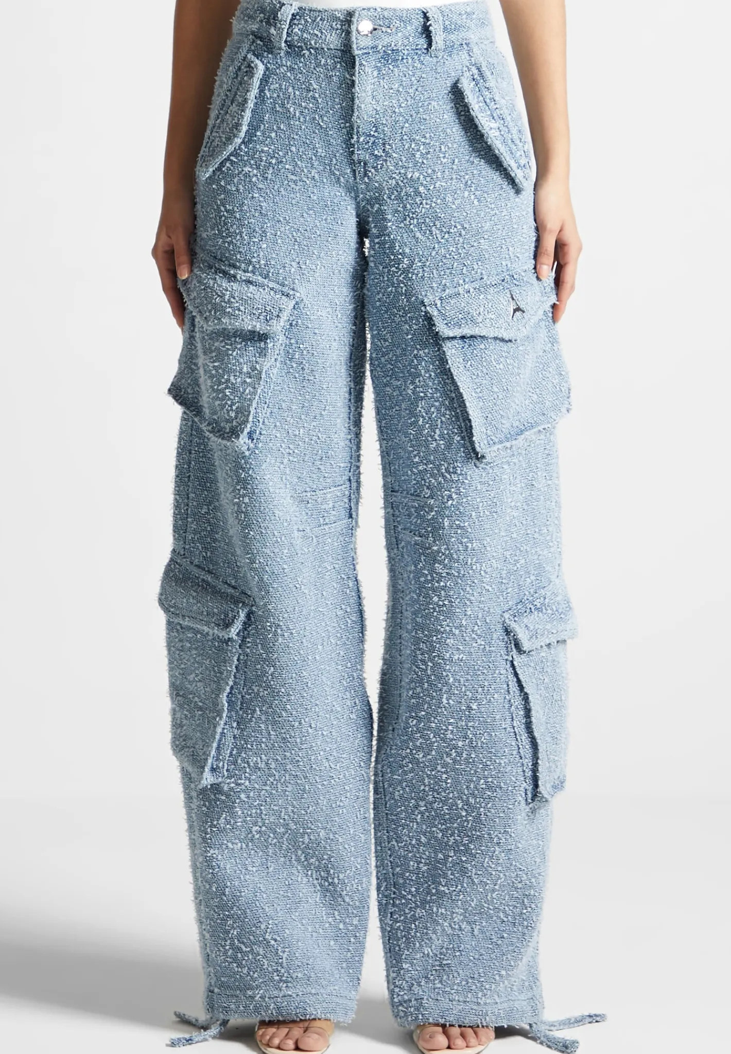 High Waisted Boucle Denim Cargo Pants - Mid Blue^Manière De Voir Fashion