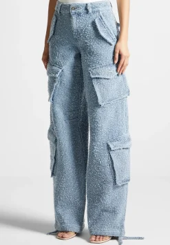 High Waisted Boucle Denim Cargo Pants - Mid Blue^Manière De Voir Fashion