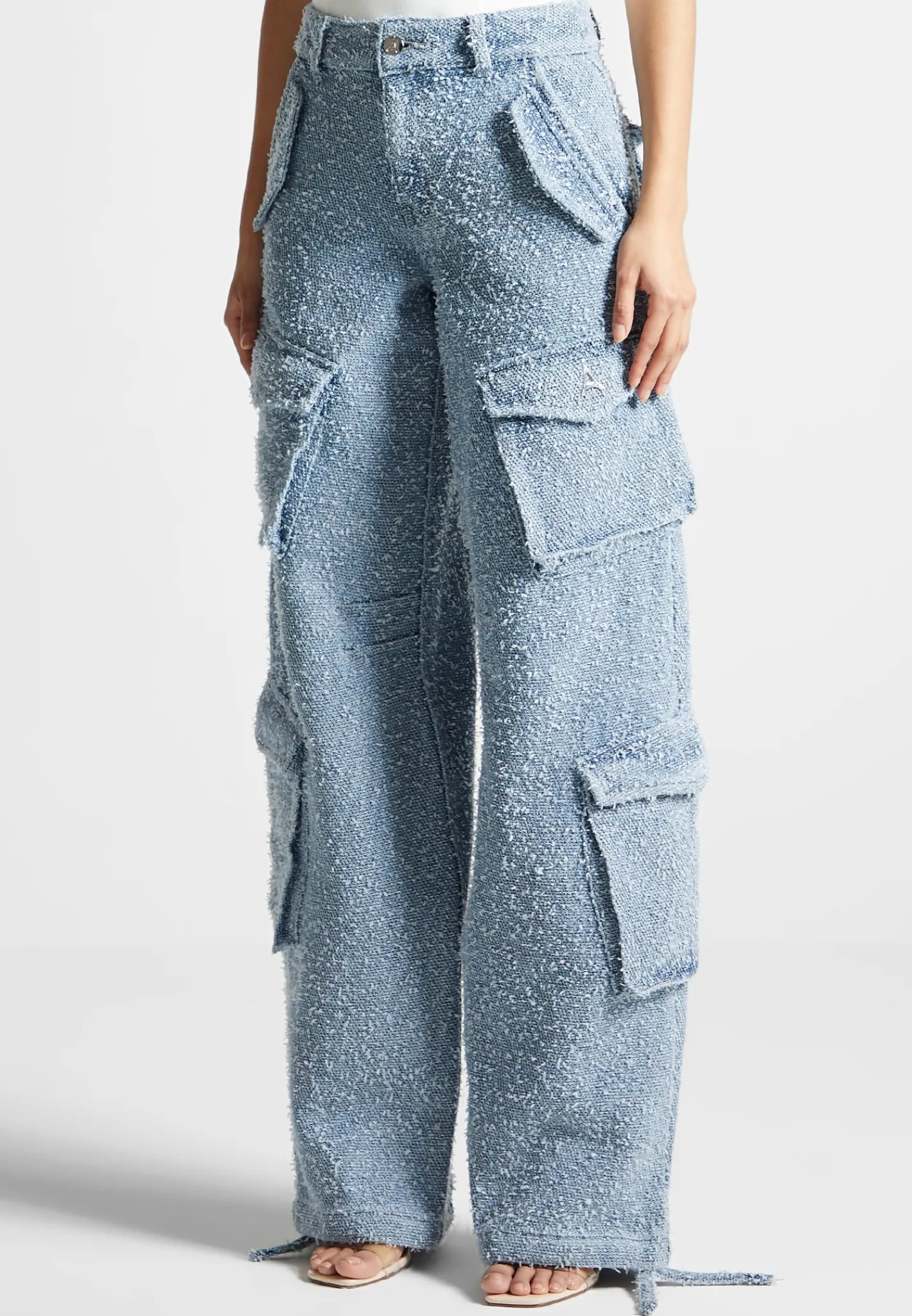 High Waisted Boucle Denim Cargo Pants - Mid Blue^Manière De Voir Fashion