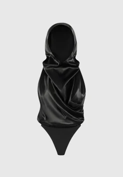 Hooded Cowl Neck Satin Wrap Bodysuit -^Manière De Voir New