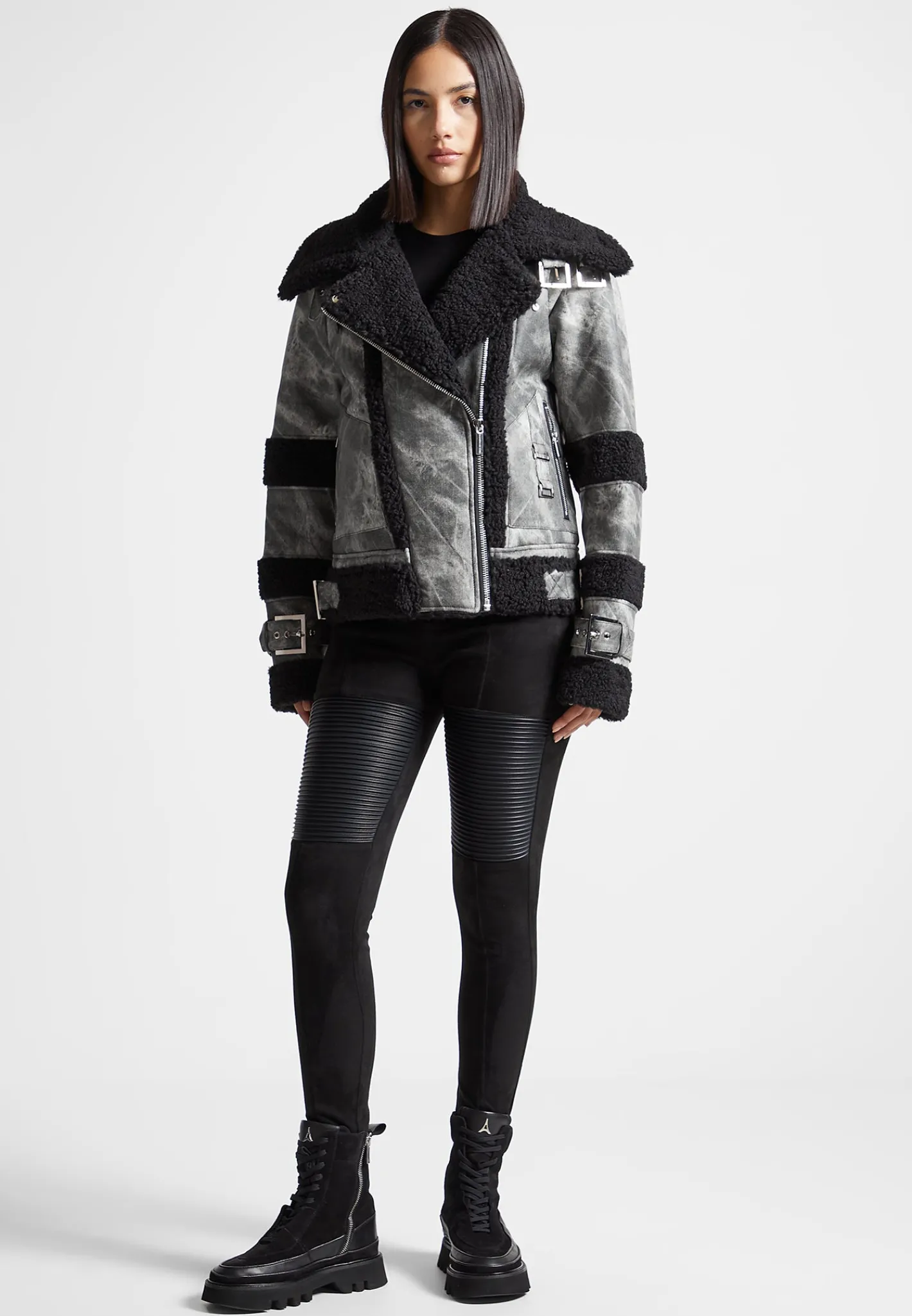 Marbled Vegan Leather Borg Biker Jacket -^Manière De Voir Sale