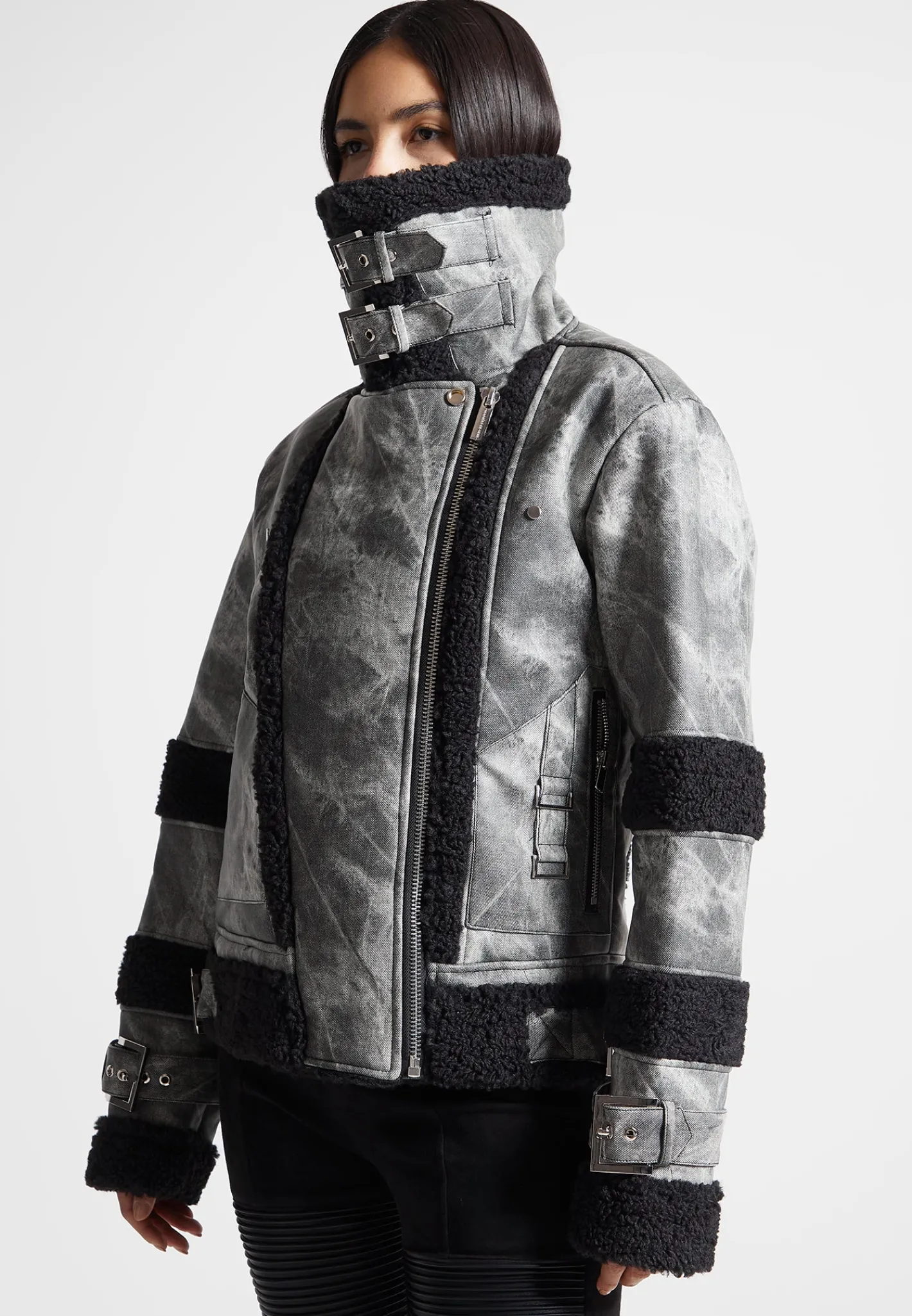 Marbled Vegan Leather Borg Biker Jacket -^Manière De Voir Sale