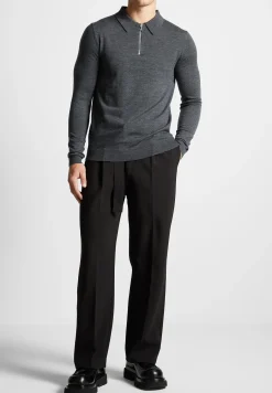 Merino Wool Long Sleeve Polo Top With Zip - Marl Grey^Manière De Voir Discount