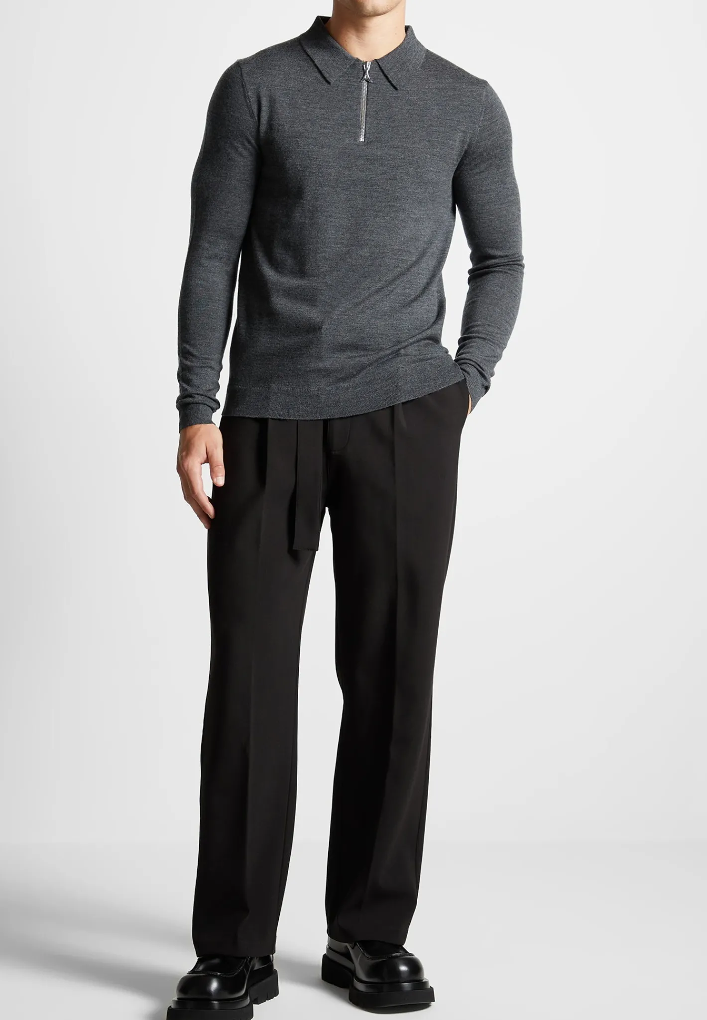 Merino Wool Long Sleeve Polo Top With Zip - Marl Grey^Manière De Voir Discount