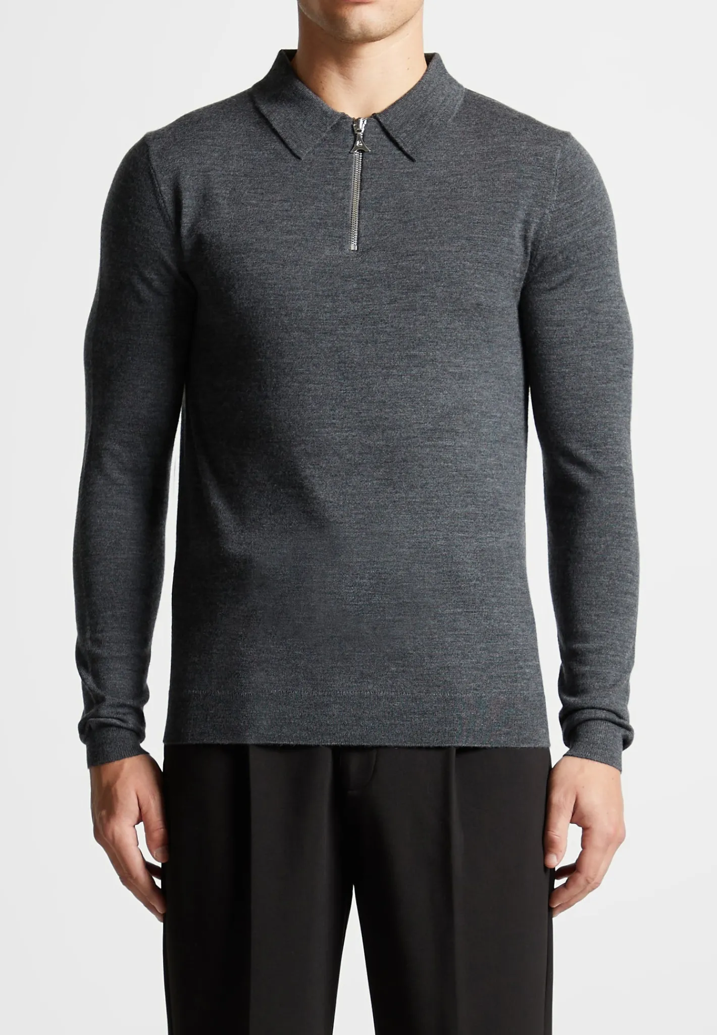 Merino Wool Long Sleeve Polo Top With Zip - Marl Grey^Manière De Voir Discount