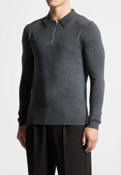 Merino Wool Long Sleeve Polo Top With Zip - Marl Grey^Manière De Voir Discount