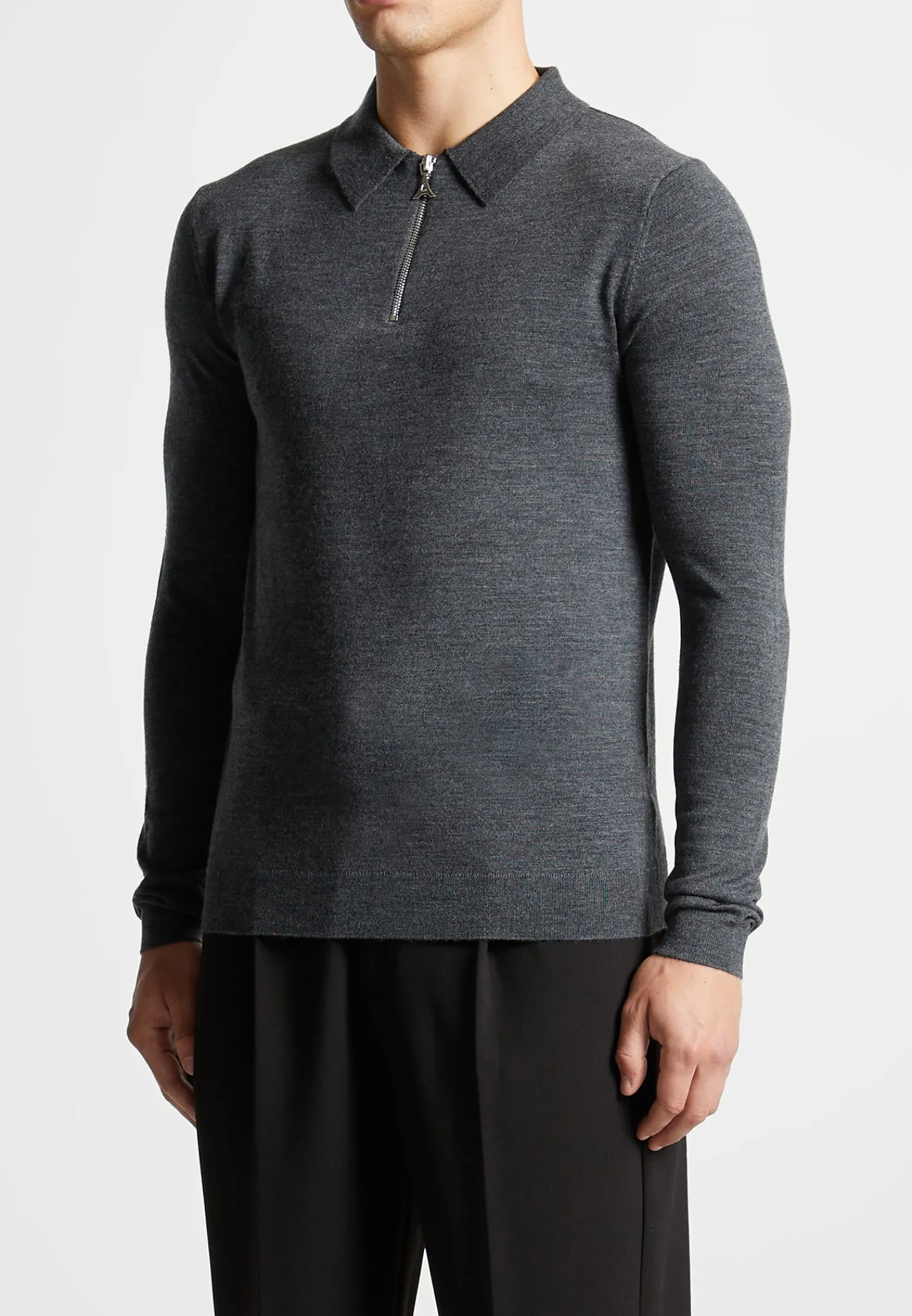Merino Wool Long Sleeve Polo Top With Zip - Marl Grey^Manière De Voir Discount