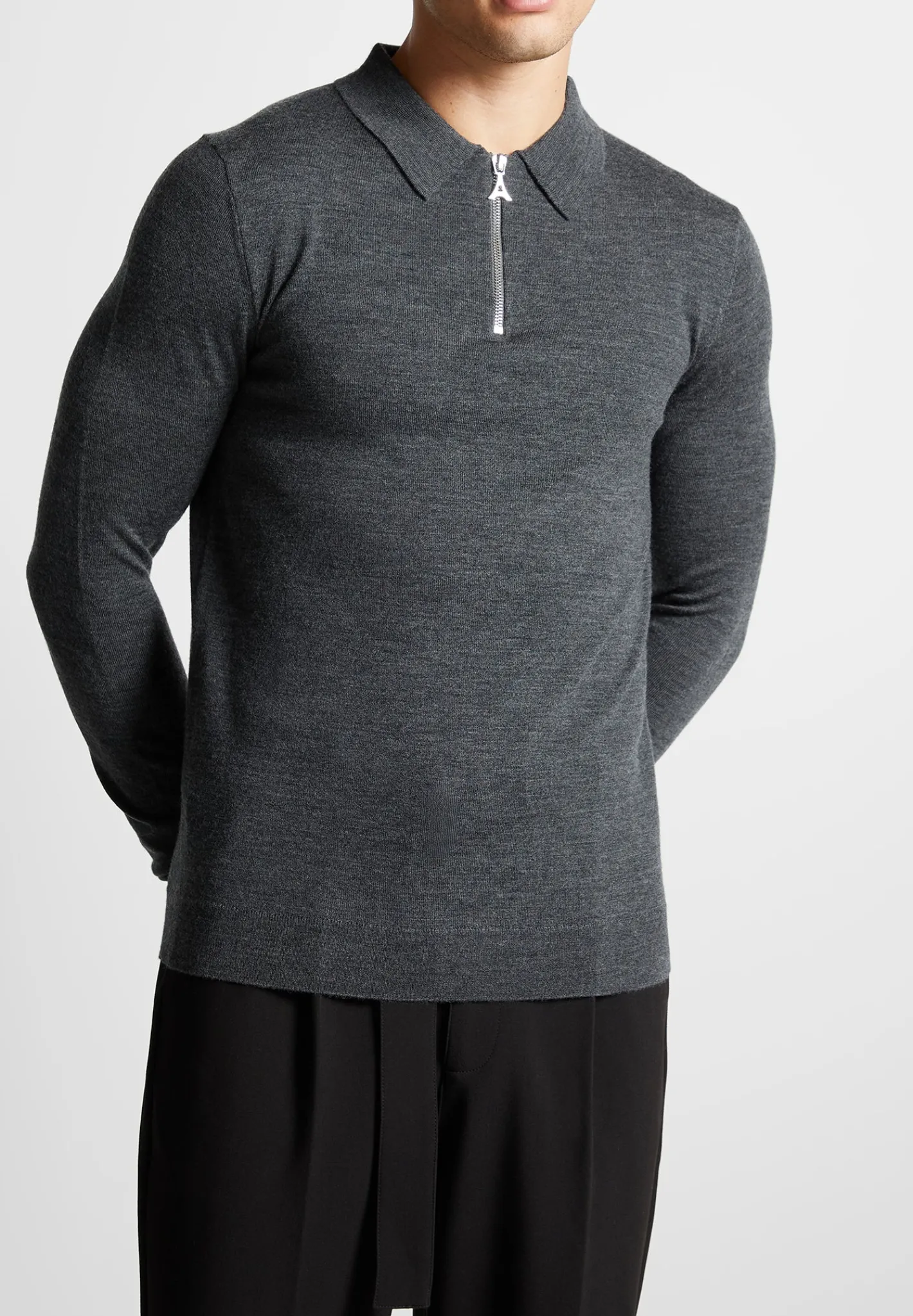 Merino Wool Long Sleeve Polo Top With Zip - Marl Grey^Manière De Voir Discount