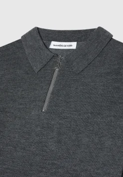 Merino Wool Long Sleeve Polo Top With Zip - Marl Grey^Manière De Voir Discount