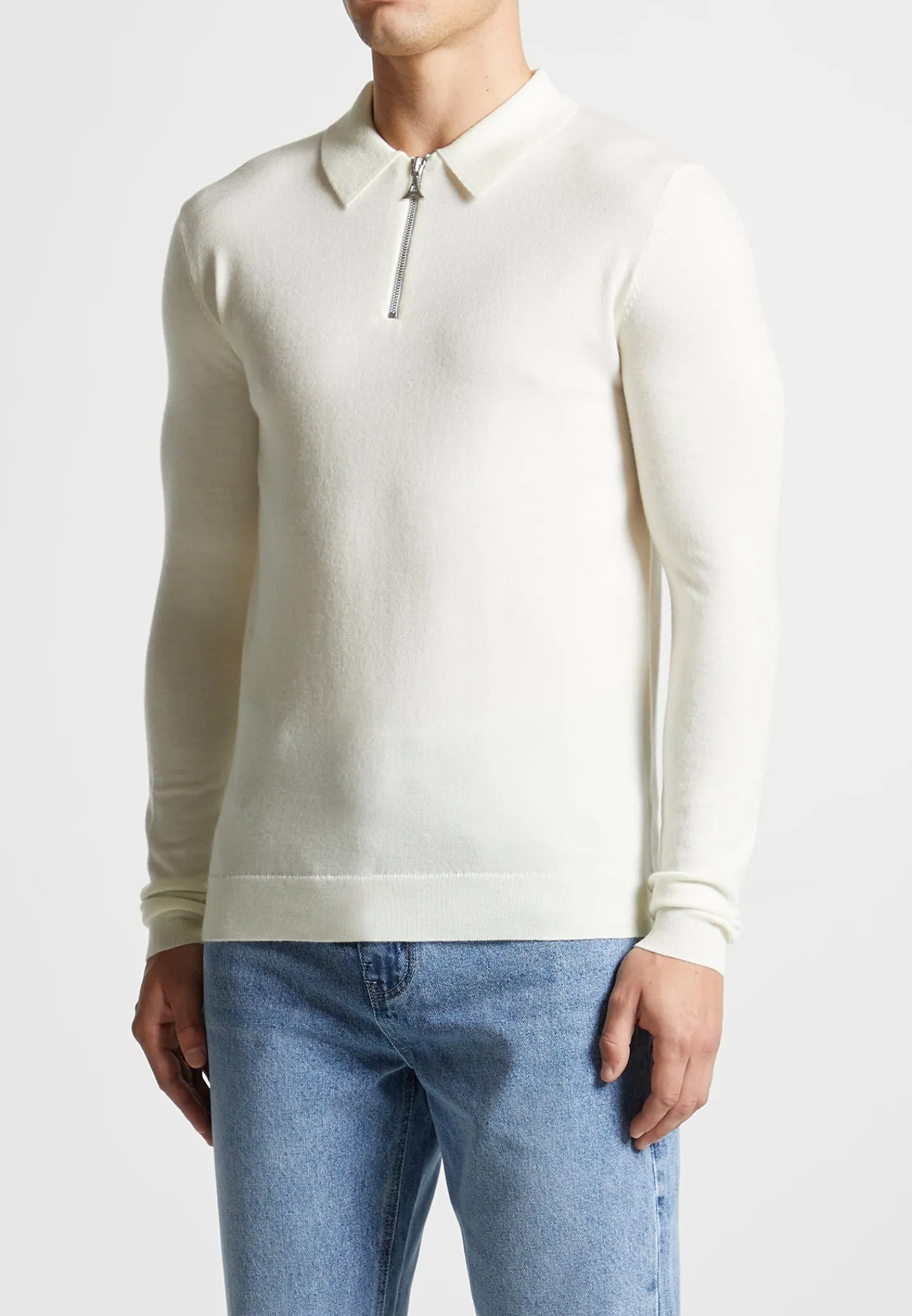 Merino Wool Long Sleeve Polo Top With Zip - Off White^Manière De Voir Clearance