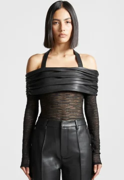 Mesh and Vegan Leather Bardot Bodysuit -^Manière De Voir Fashion