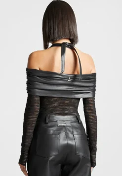 Mesh and Vegan Leather Bardot Bodysuit -^Manière De Voir Fashion