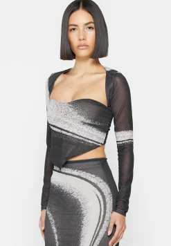 Mesh Printed Top with Sleeve Overlay - Black^Manière De Voir Online