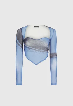 Mesh Printed Top with Sleeve Overlay - Blue^Manière De Voir Sale