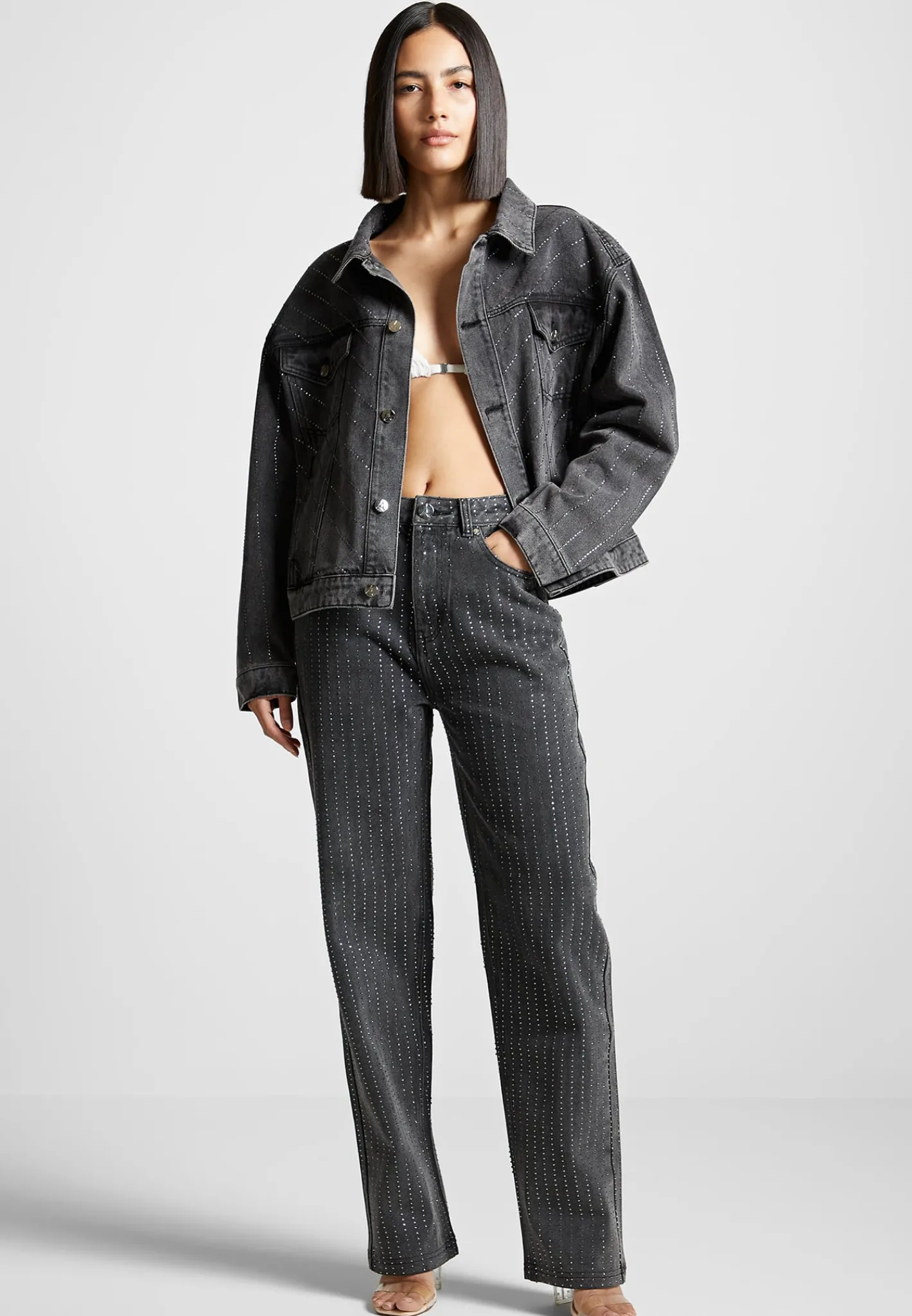 Oversized Rhinestone Denim Jacket - Washed Grey^Manière De Voir Sale