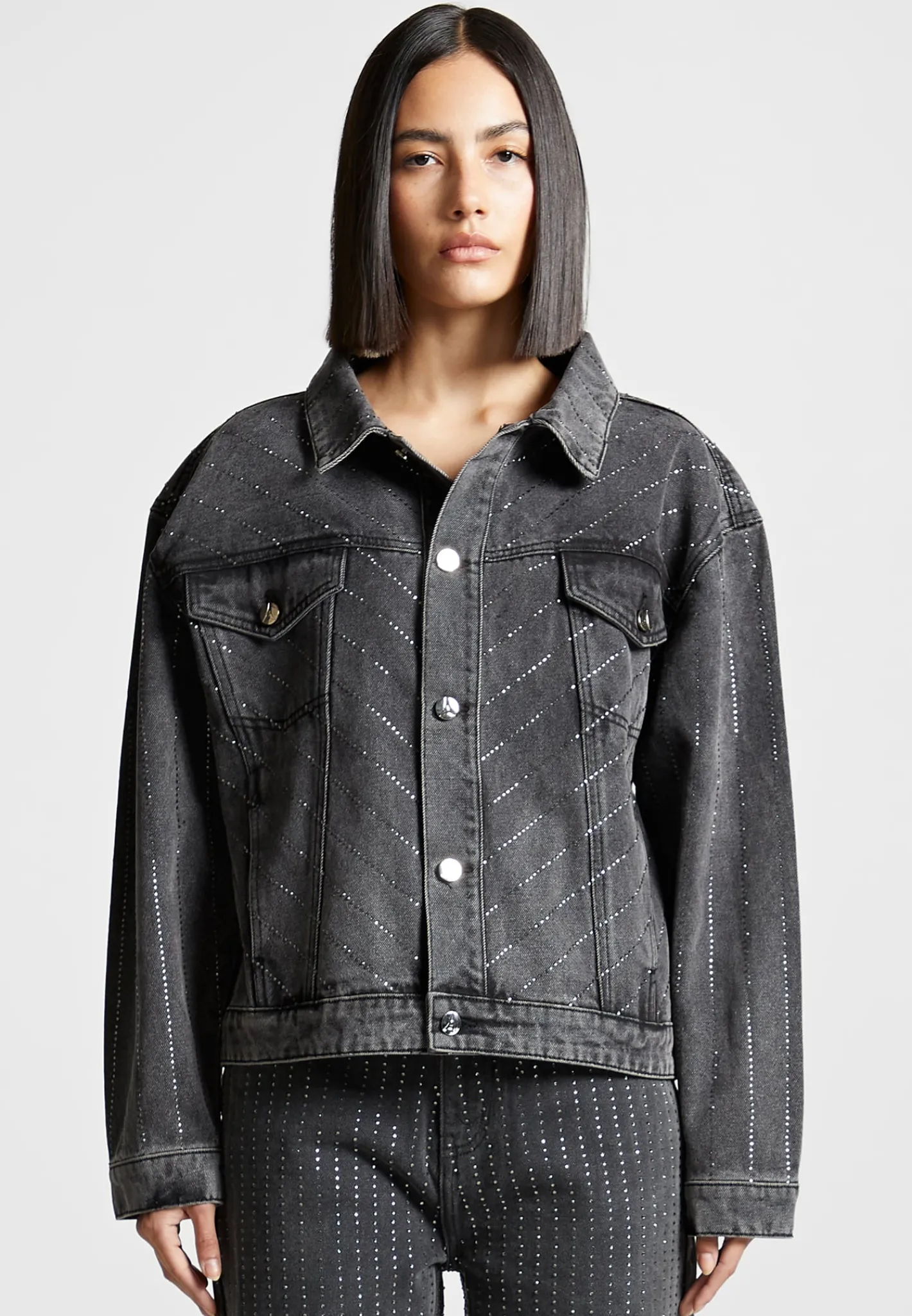 Oversized Rhinestone Denim Jacket - Washed Grey^Manière De Voir Sale