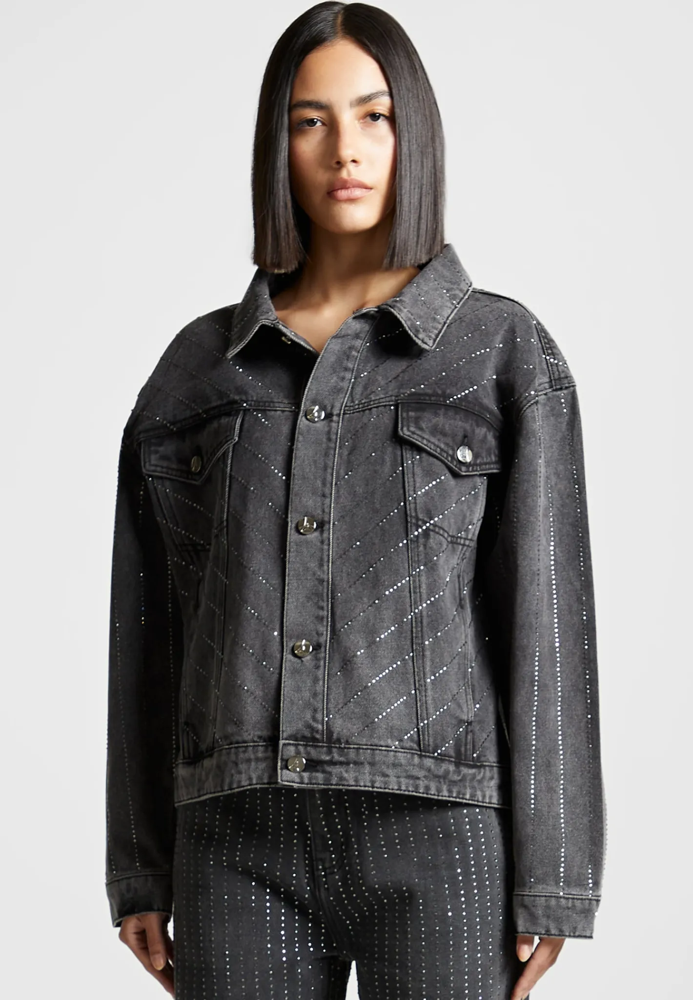 Oversized Rhinestone Denim Jacket - Washed Grey^Manière De Voir Sale