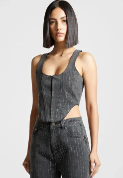 Rhinestone Denim Corset - Washed Grey^Manière De Voir Hot