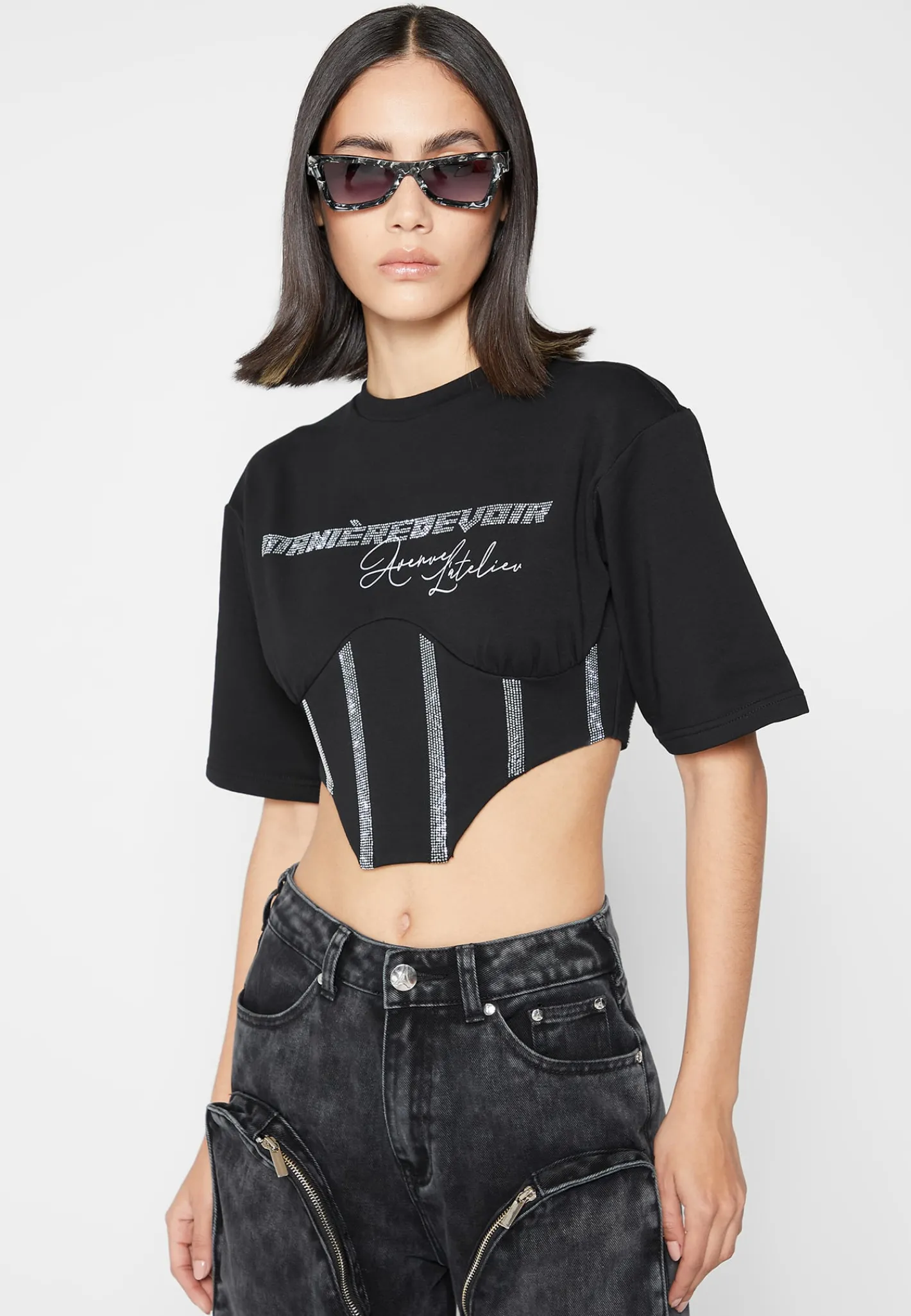 Rhinestone Lace Up Corset T-Shirt -^Manière De Voir Discount