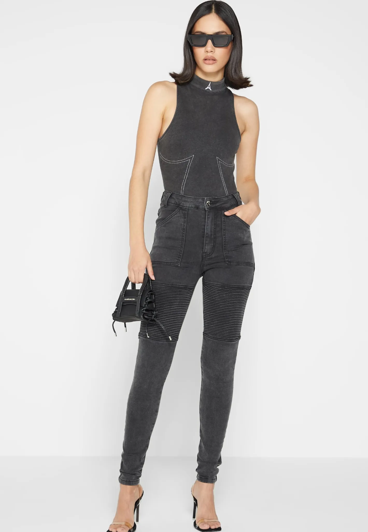 Ribbed Biker Skinny Jeans - Washed Black^Manière De Voir Discount