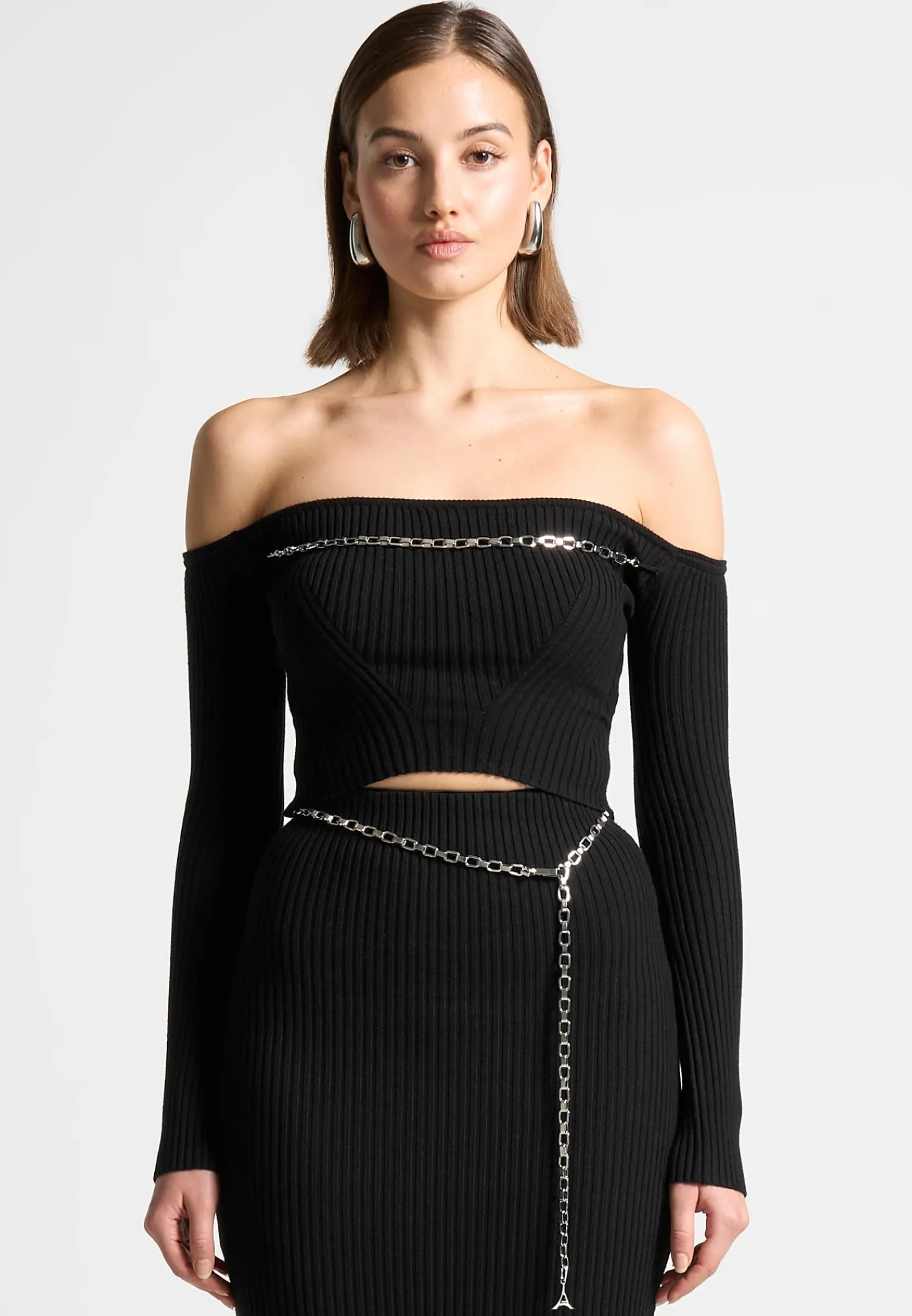 Ribbed Knit Bardot Crop Top with Chain -^Manière De Voir Fashion