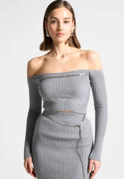 Ribbed Knit Bardot Crop Top with Chain -^Manière De Voir New