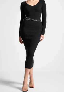 Ribbed Knit Midaxi Dress with Chain Belt -^Manière De Voir Discount