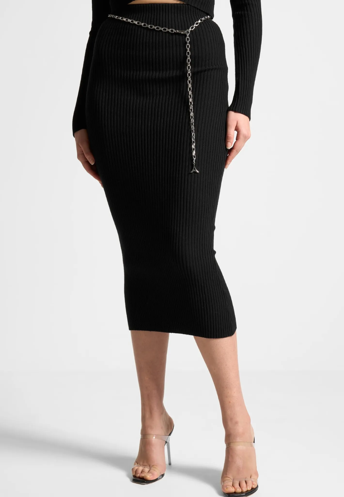 Ribbed Knit Midaxi Skirt with Chain Belt -^Manière De Voir Hot