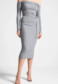 Ribbed Knit Midaxi Skirt with Chain Belt -^Manière De Voir Online