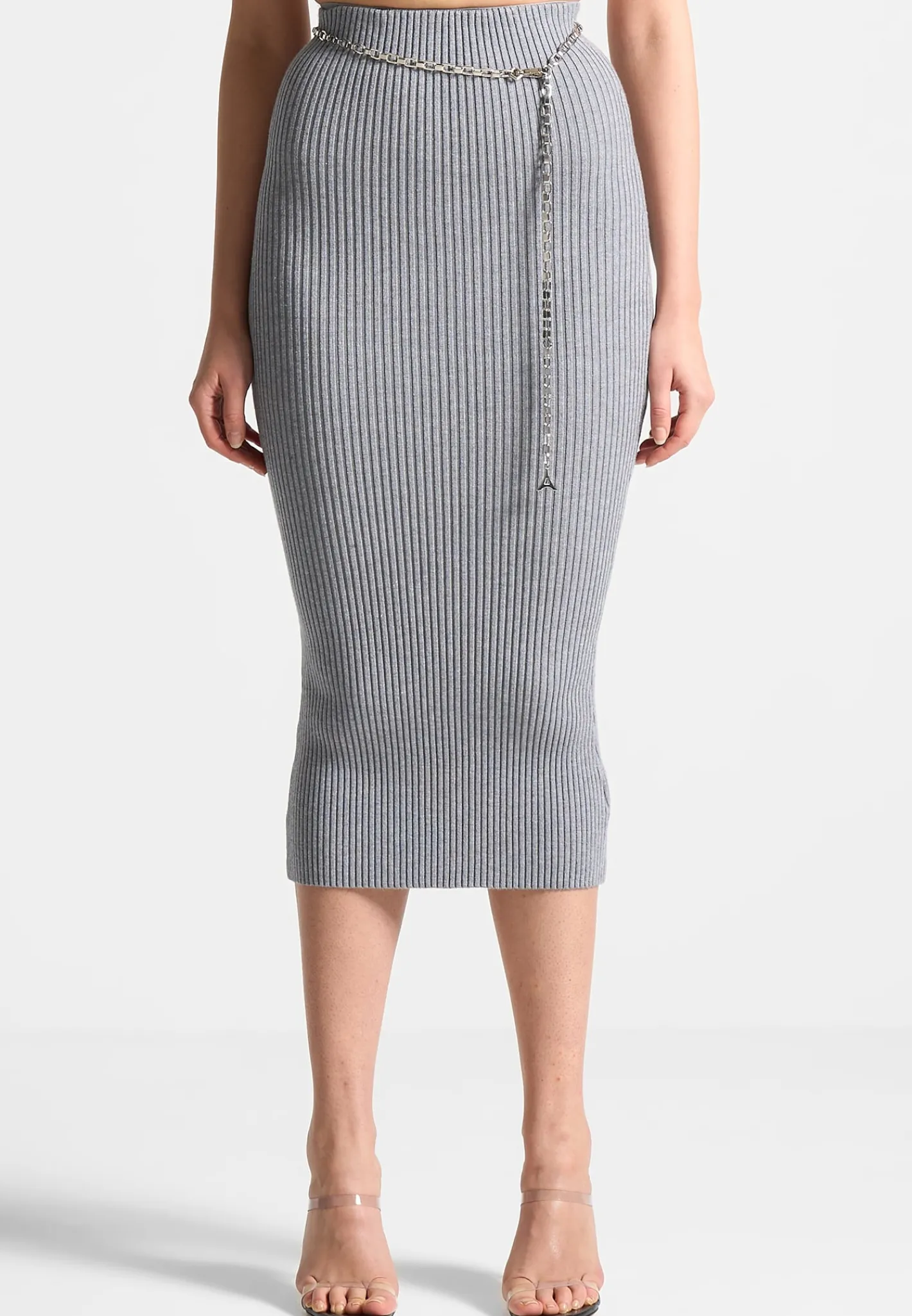 Ribbed Knit Midaxi Skirt with Chain Belt -^Manière De Voir Online