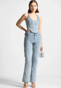 Scattered Rhinestone Denim Corset Top - Mid Blue^Manière De Voir Discount