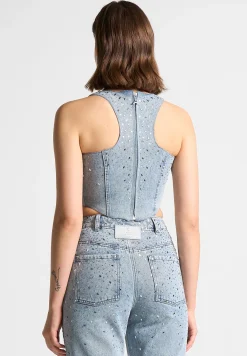 Scattered Rhinestone Denim Corset Top - Mid Blue^Manière De Voir Discount