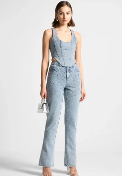 Scattered Rhinestone Mini Flare Jeans - Mid Blue^Manière De Voir Clearance