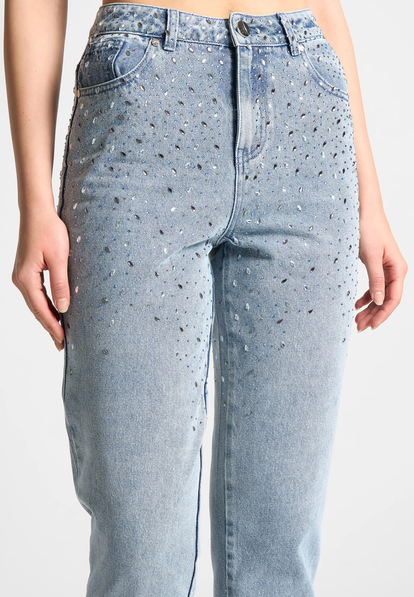 Scattered Rhinestone Mini Flare Jeans - Mid Blue^Manière De Voir Clearance