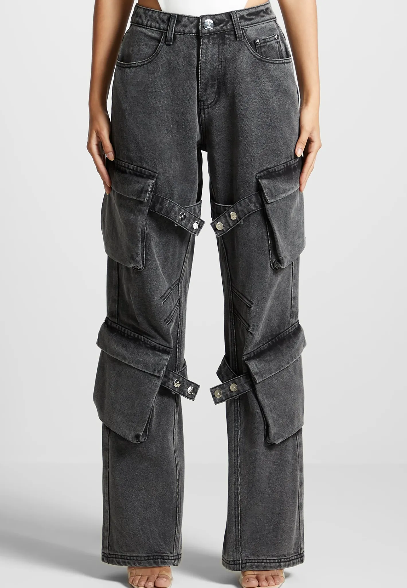 Strap Detail Cargo Jeans - Washed Grey^Manière De Voir Discount