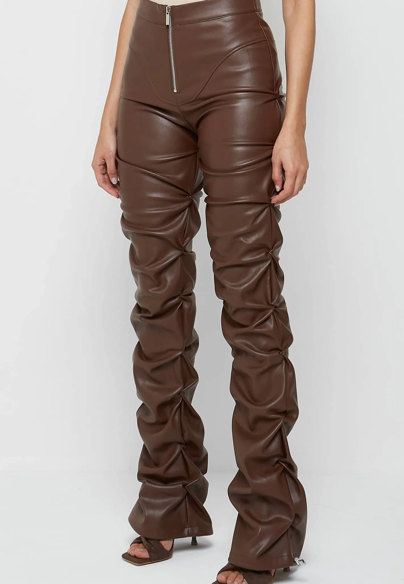 Tacked Vegan Leather Flared Trousers - Chocolate Brown^Manière De Voir Sale
