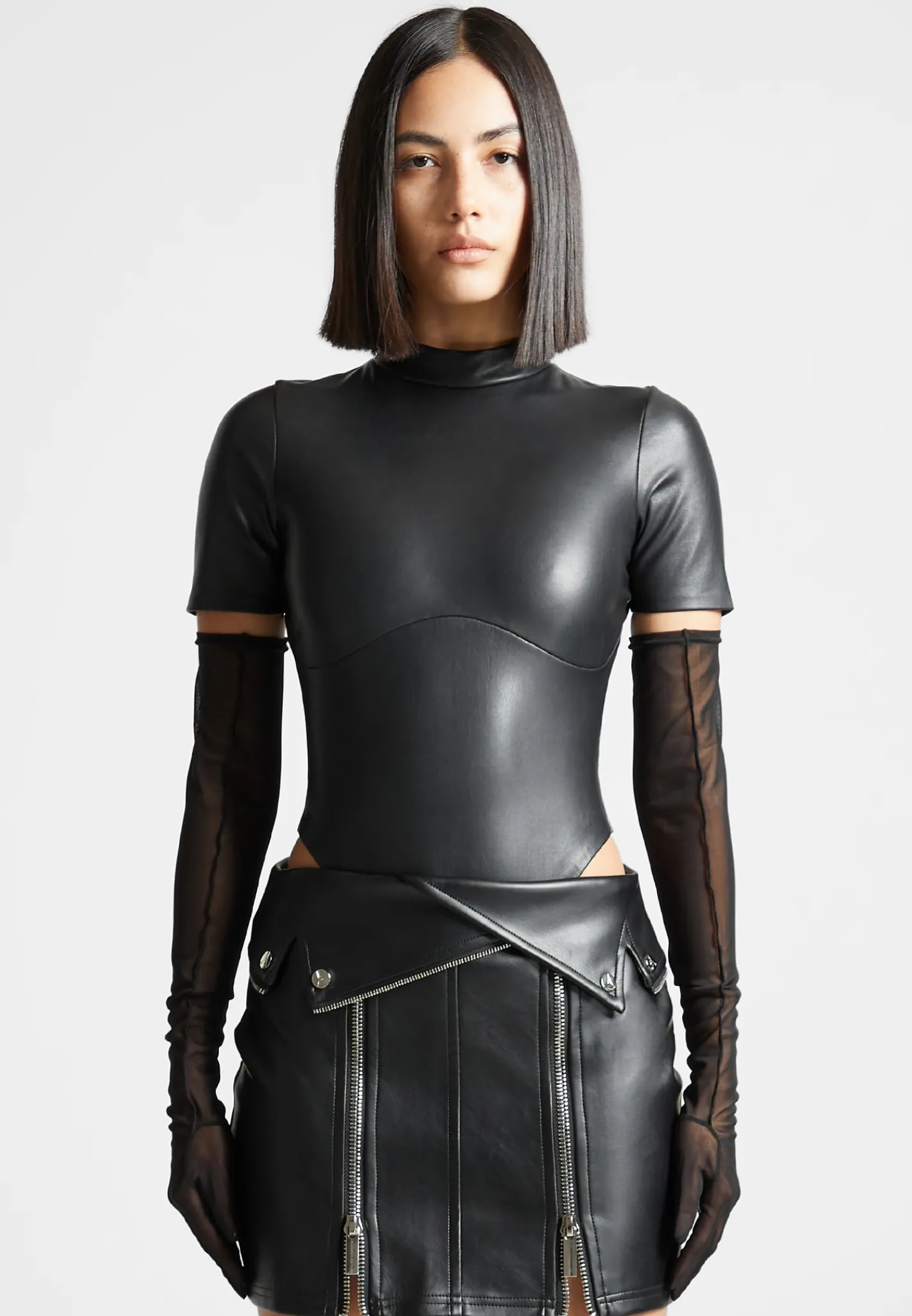 Vegan Leather Bodysuit with Mesh Gloves -^Manière De Voir Sale