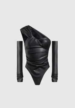 Vegan Leather Gathered Bodysuit with Sleeves -^Manière De Voir Sale