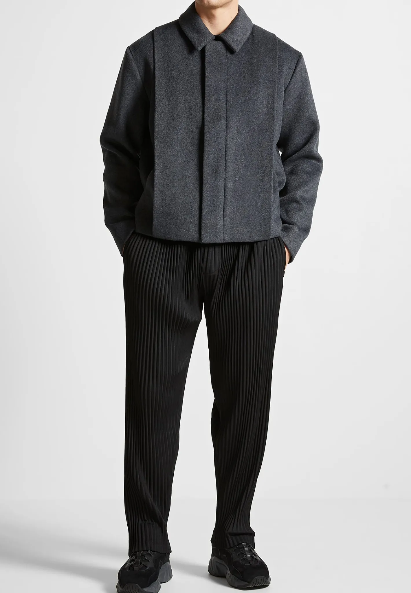 Wool Blend Boxy Jacket with Pleat - Charcoal Grey^Manière De Voir Online