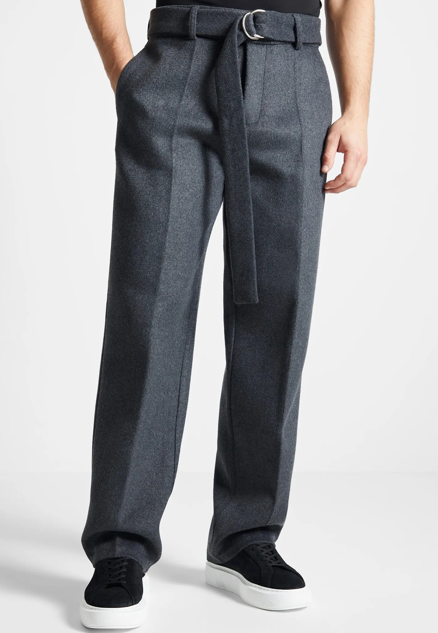 Wool Blend Marl Belted Trousers - Charcoal Grey^Manière De Voir Best