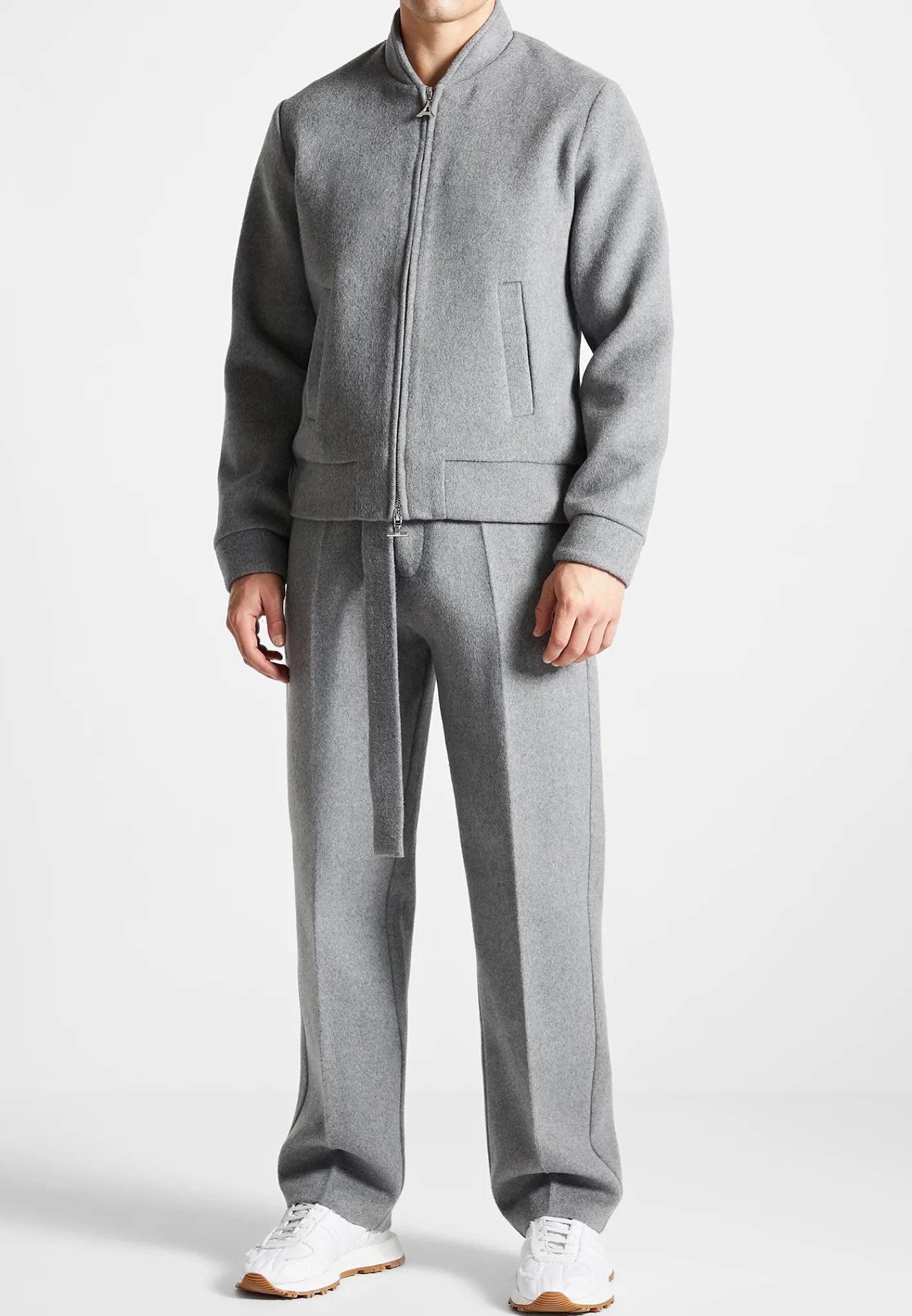 Wool Blend Marl Belted Trousers - Light Grey^Manière De Voir Fashion
